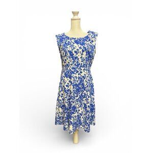 Talbots Petite MP Blue White Floral Fit Flare Sleeveless Dress 100% Cotton